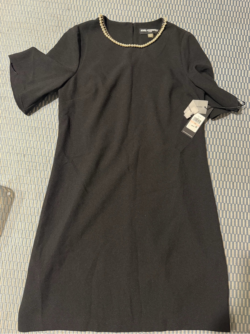 Karl Lagerfeld Black Midi Dress with Pearl-Trim Neckline